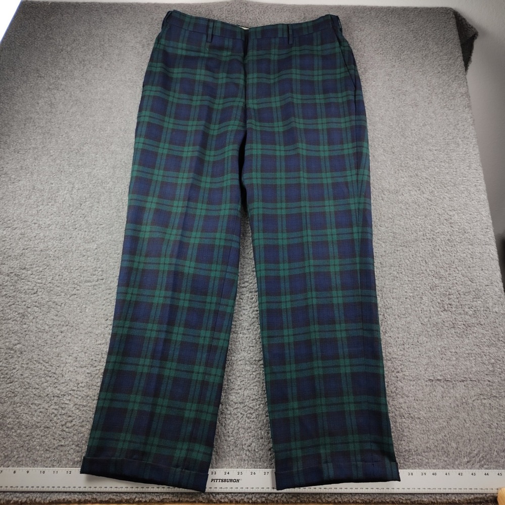 VTG Orvis Wool Pants Mens 37x32 Black Watch Tartan Plaid Trousers Green Blue